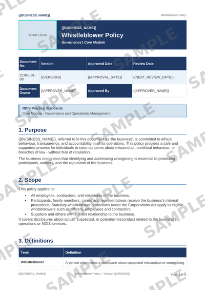 Whistleblower Policy sample page preview
