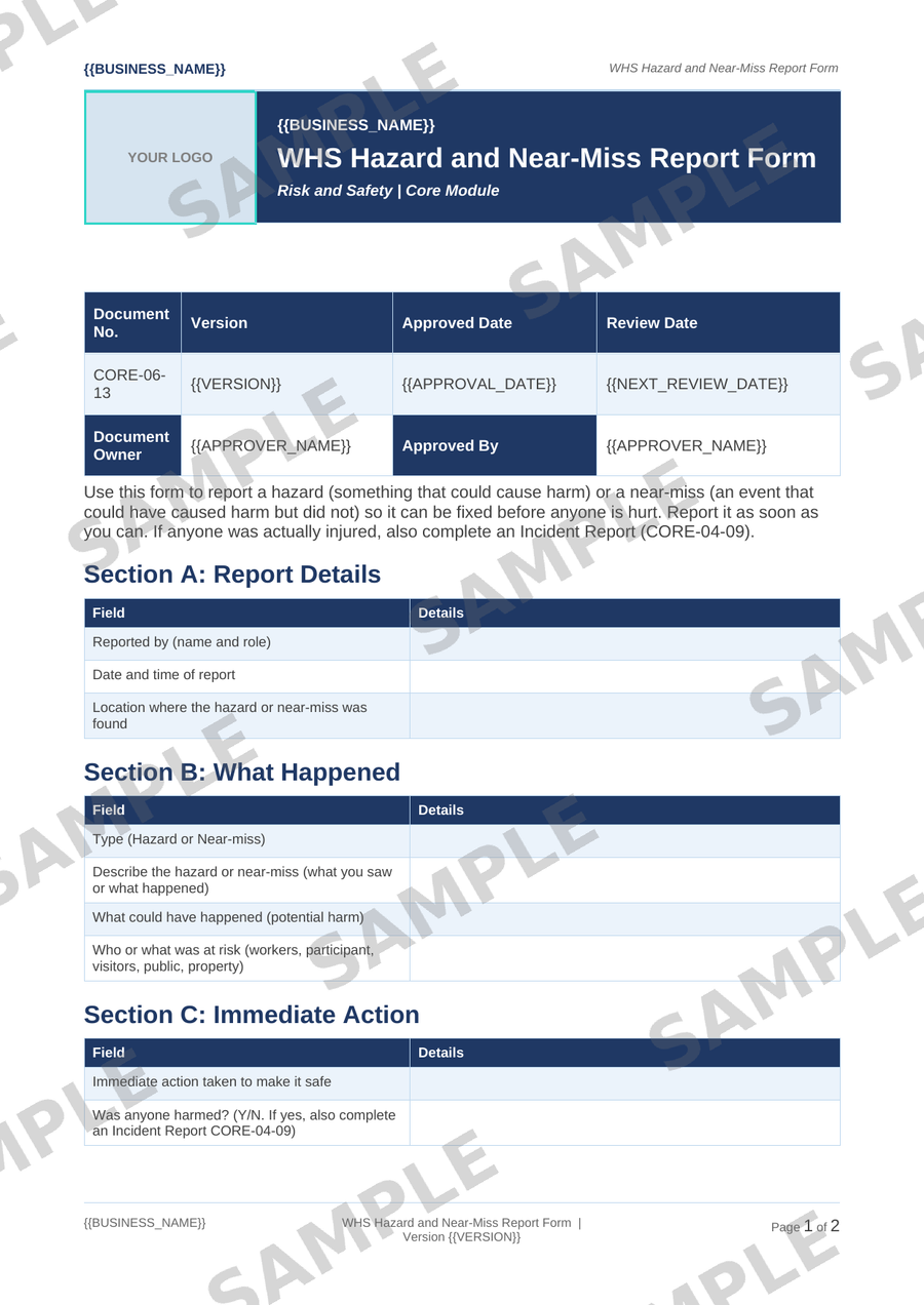 WHS Hazard and Near-Miss Report Form sample page preview