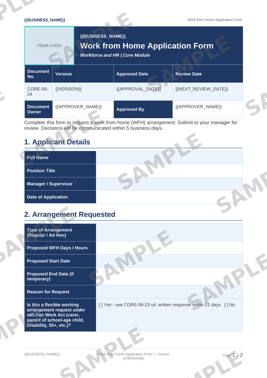 Work from Home Application Form sample page preview