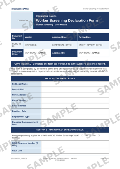 Worker Screening Declaration Form sample page preview