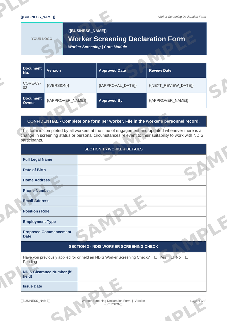 Worker Screening Declaration Form sample page preview