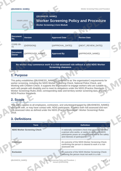 Worker Screening Policy and Procedure sample page preview