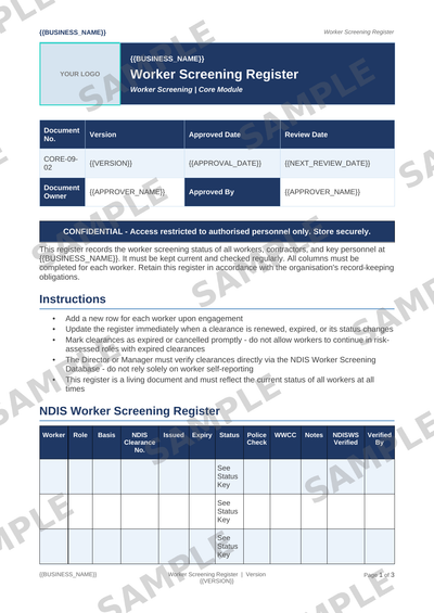 Worker Screening Register sample page preview