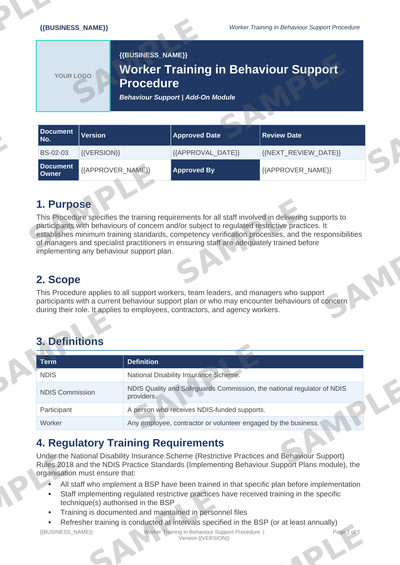 Worker Training in Behaviour Support Procedure sample page preview