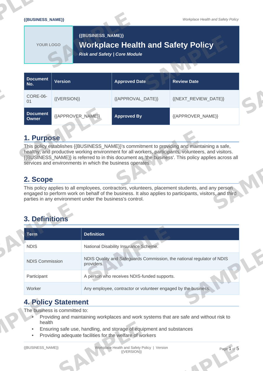 Workplace Health and Safety Policy sample page preview