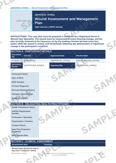Wound Assessment and Management Plan sample page preview