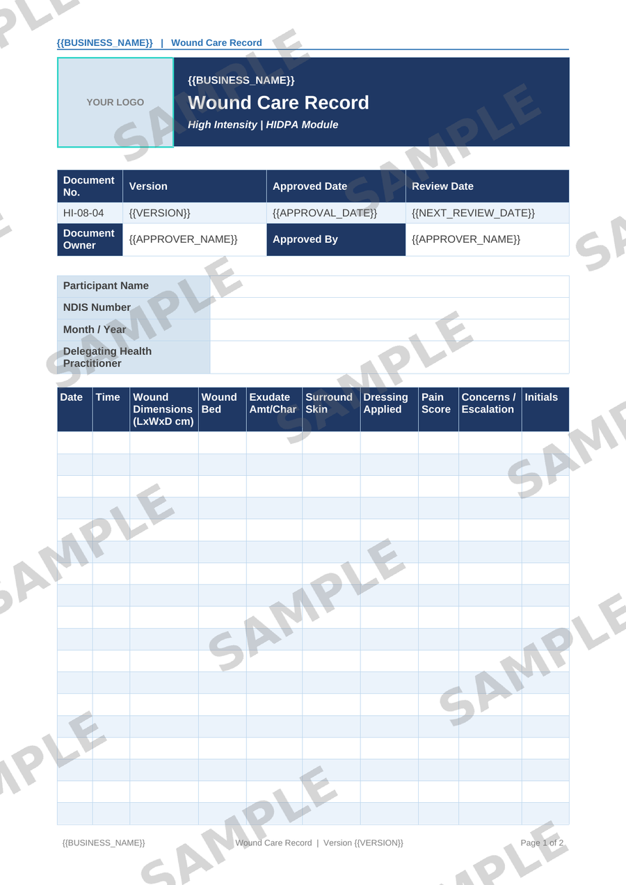 Wound Care Record sample page preview
