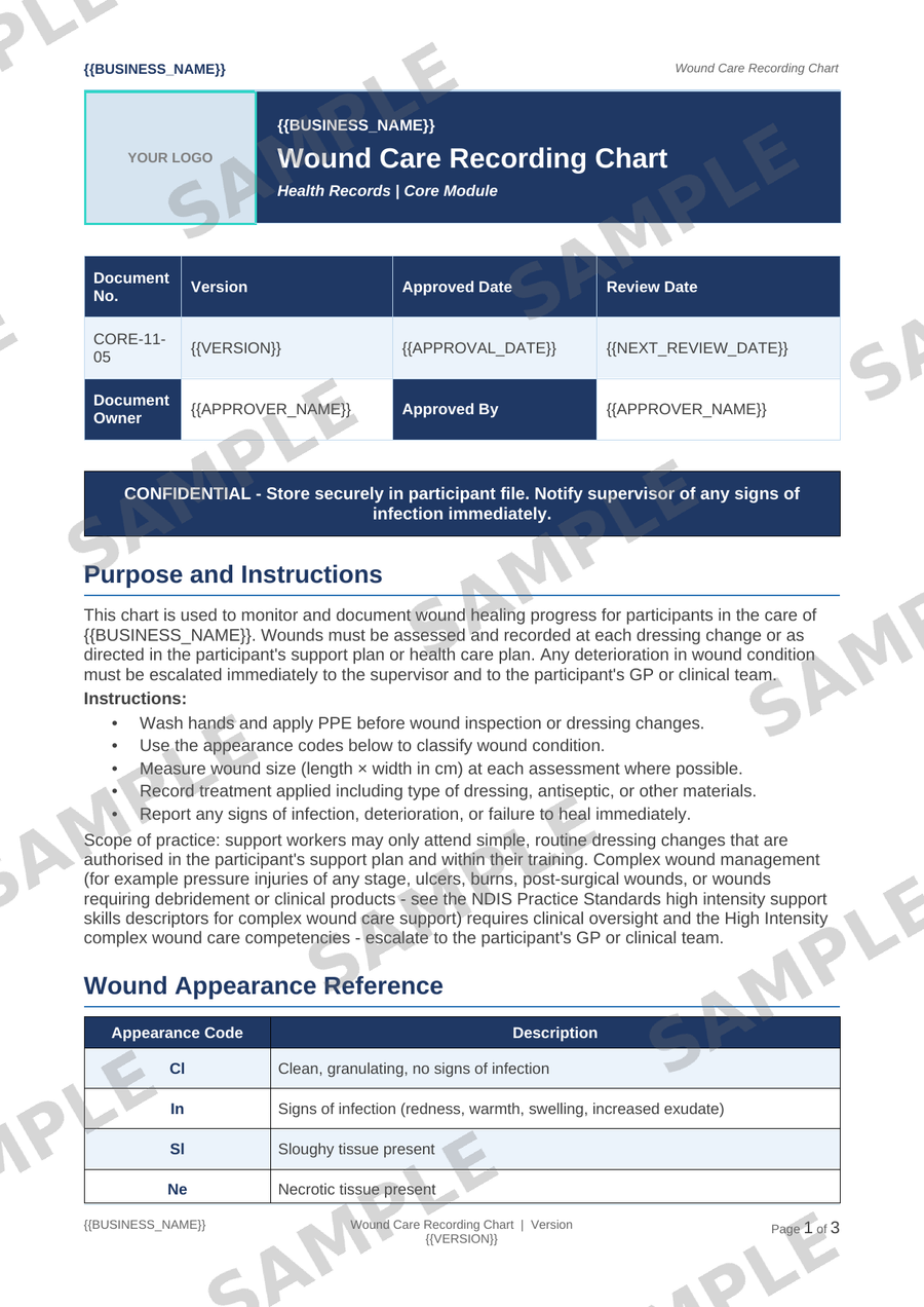 Wound Care Recording Chart sample page preview