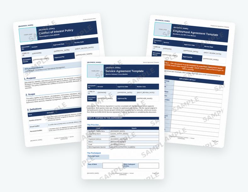 Sample NDIS documents: conflict of interest policy, service agreement and employment agreement templates